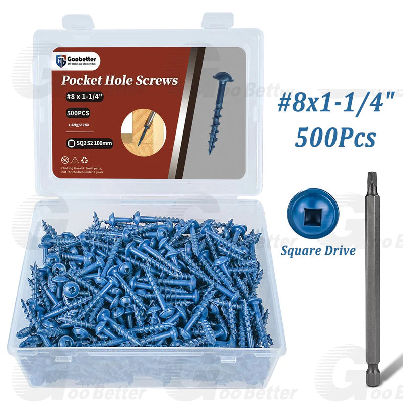 #8 Pocket Hole Screws Exterior Pocket Screw Coarse Thread Square Drive Washer Head Blue Coated With 100MM Drive Bit