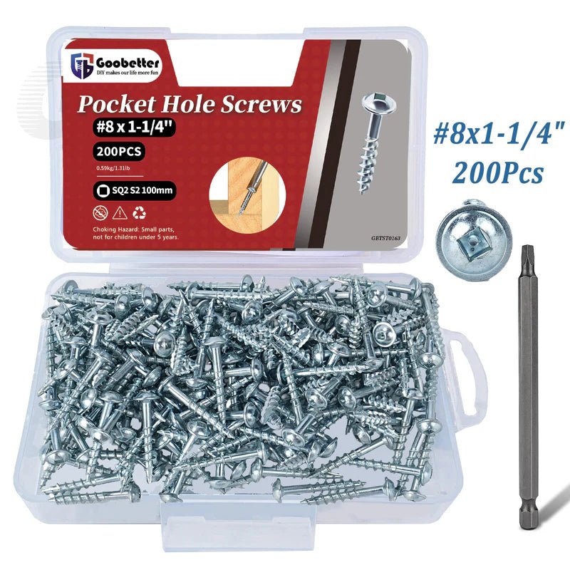 8 Pocket Hole Screws Interior Pocket Screw Coarse Thread, Square Drive, Washer Head, Zinc Plated, 100MM Drive Bit Included - HomeDIYer