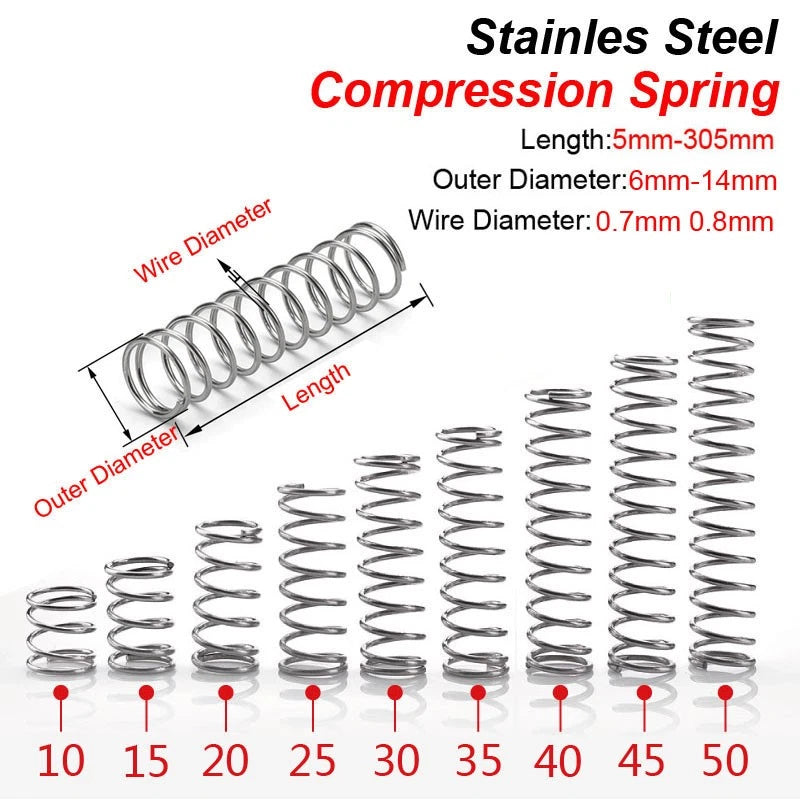 Compression Spring Stainles Steel 0.7mm 0.8mm Wire Dia 6-14mm Diameter 10-305mm