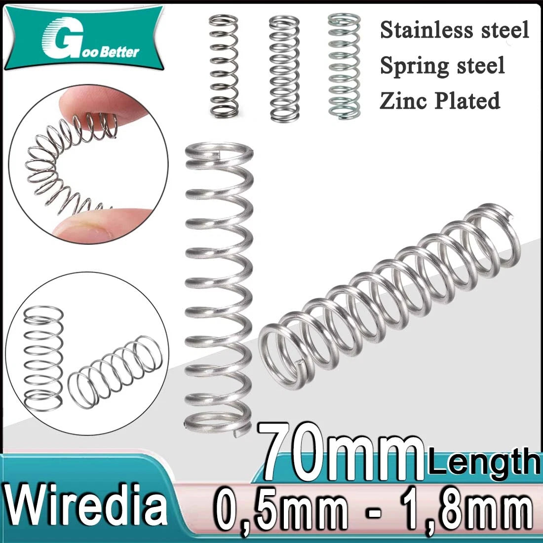 Stainless Steel Compression Springs, Wire Diameter 0.5-1.8mm, OD 3-30mm, L 70mm