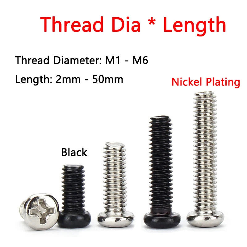 M1–M6 Phillips Round Pan Head Machine Screws – Carbon Steel, Nickel or Black Finish (2–50mm Lengths)