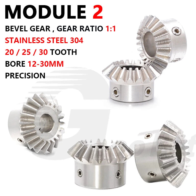 Module 2 Bevel Gear Stainless Steel 90° 1:1 Pairing 20/25/30 Tooth Miter Gear