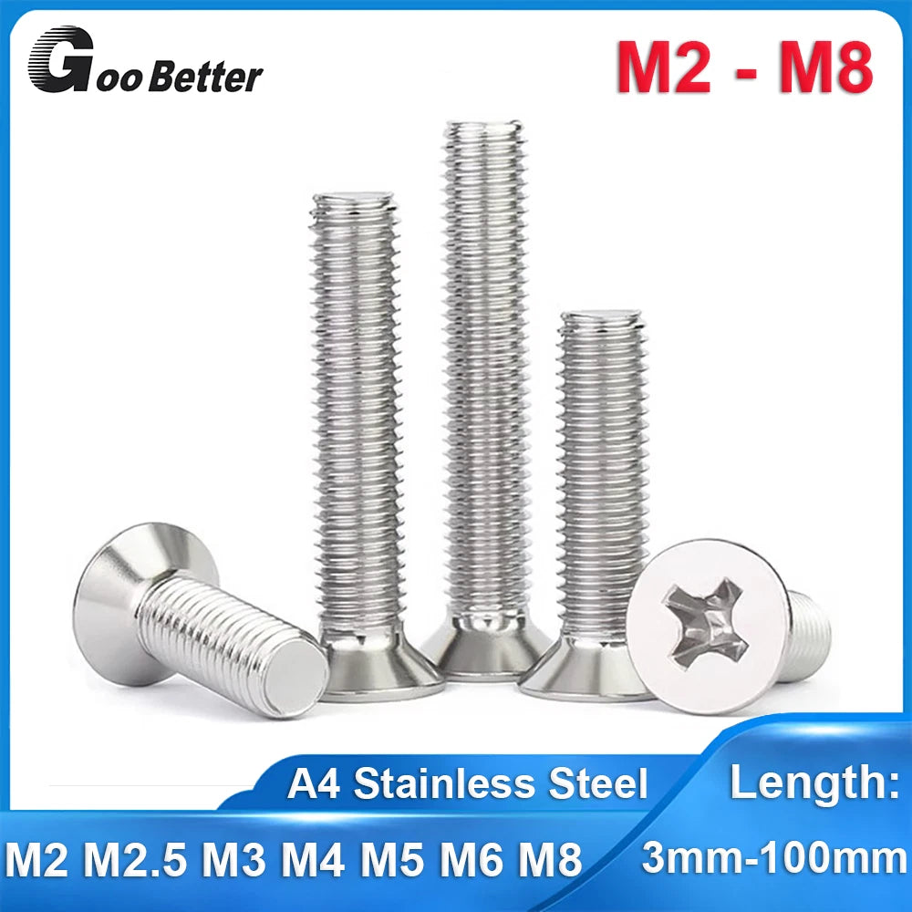 M2–M8 A4 Stainless Steel Phillips Countersunk Screws – Marine Grade, DIN 965, Fully Threaded (3–100mm)