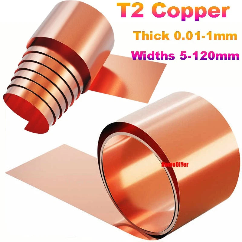 T2 Copper Sheet Strips Flexible Pure Copper Coil Thick 0.01-1mm Widths 5mm-120mm