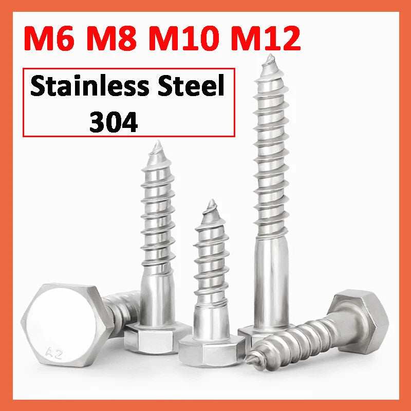 M6 M8 M10 M12 Stainless Steel A2 Screws Hex Hexagon Head Lag Bolts Wood Screw
