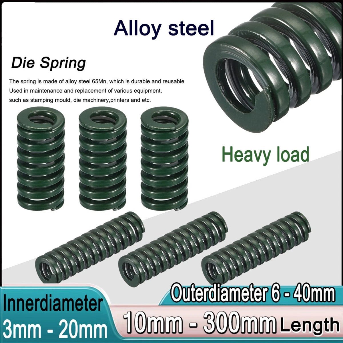 Green Heavy load Compression Die Spring 6 - 18mm Diameter & Up To 300mm Long - HomeDIYer
