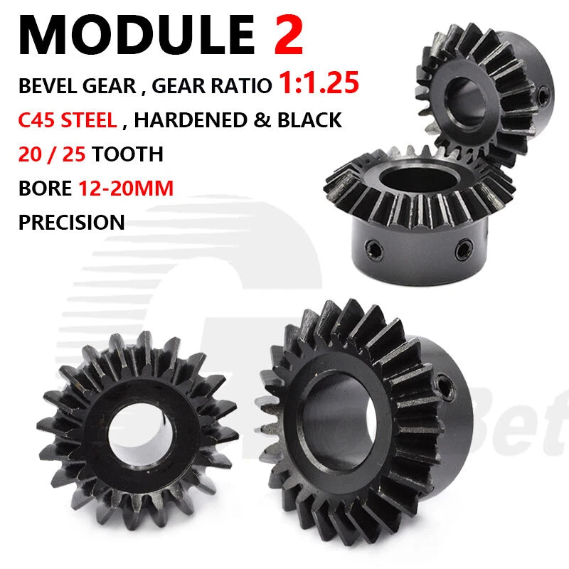 Mod 2 Bevel Gear C45 Steel 1:1.25 Ratio 20/25 Tooth 12-20mm Bore Hardened Black