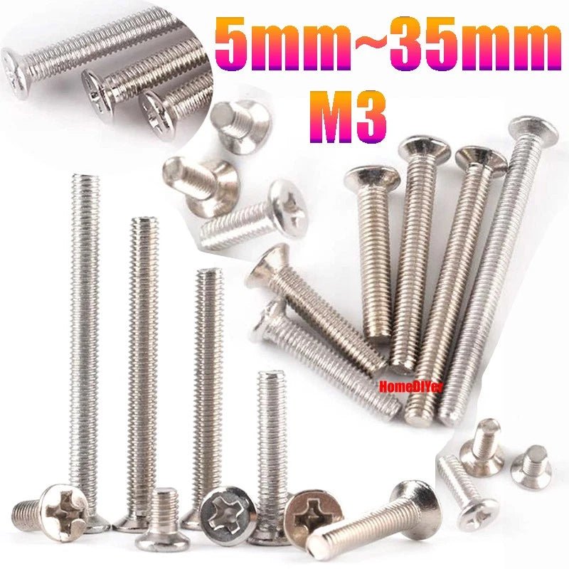 M3 Phillips Flat Head Machine Screws Stainless Steel & Nickel - Plated 5–35mm - HomeDIYer