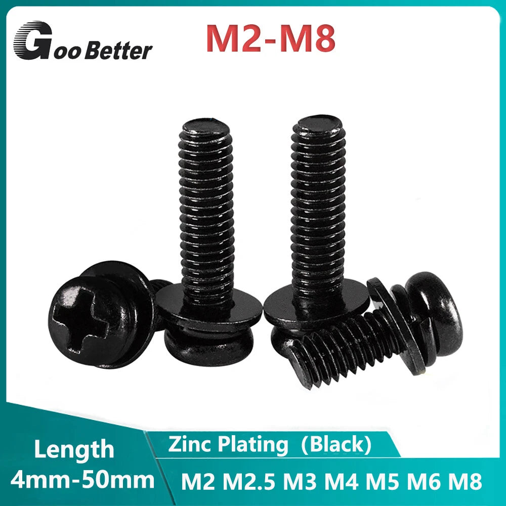 M2–M8 Black Phillips Pan Head Machine Screws with Flat Washers & Spring Washers