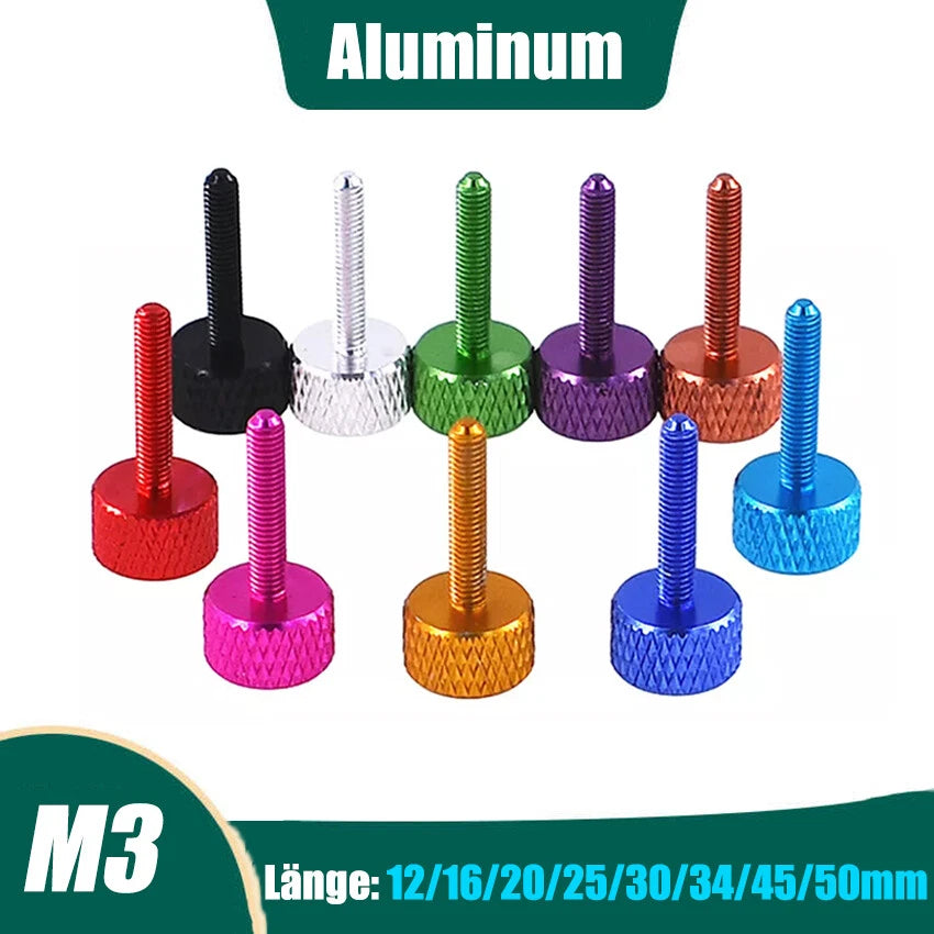 M3 Coloured Aluminium Knurled Thumb Screws Flat Head Hand Grip Bolt L:12mm-50mm