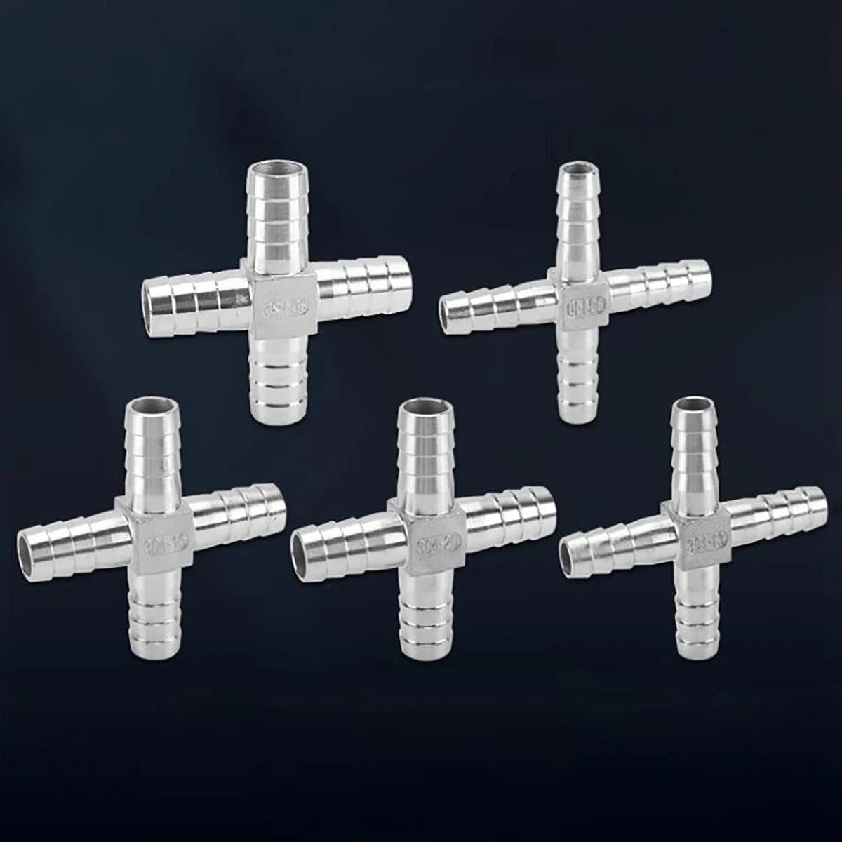 A2 Stainless Steel Cross 4-Way Barbed Hose Connector | 8–25mm | Air Fuel Water Gas