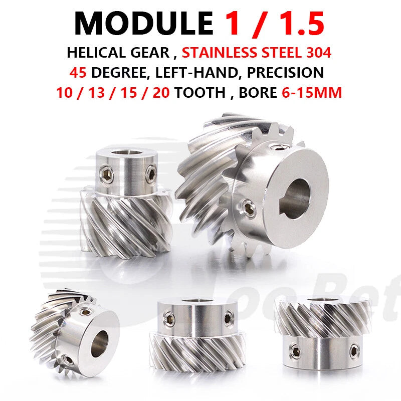 Helical Gear Module 1 1.5 Stainless Steel 45° Left-hand 10-20 Tooth Motor Pinion