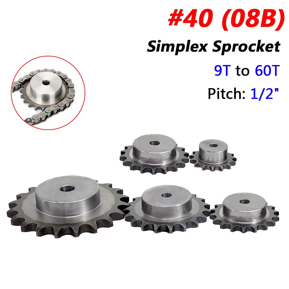 Simplex Sprocket Wheel for #40 ( 08B ) Roller Chain, 9T to 60T, Pitch 1/2" inch