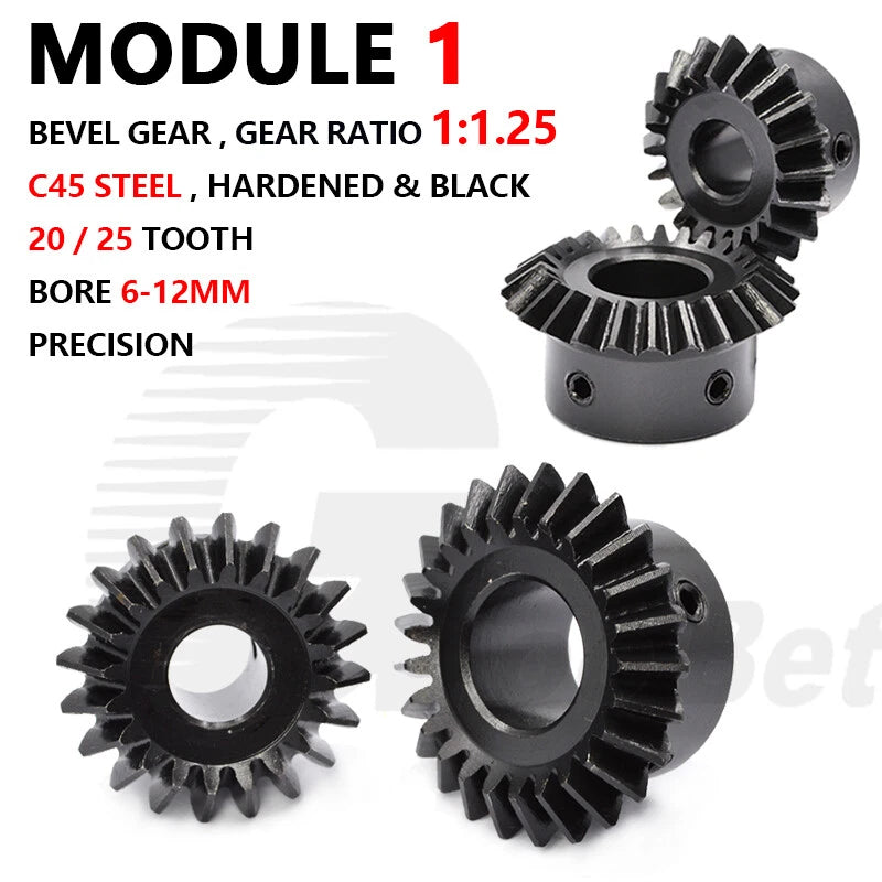 Mod 1 Bevel Gear C45 Steel 1:1.25 Ratio 20 | 25 Tooth 6-12mm Bore Hardened Black