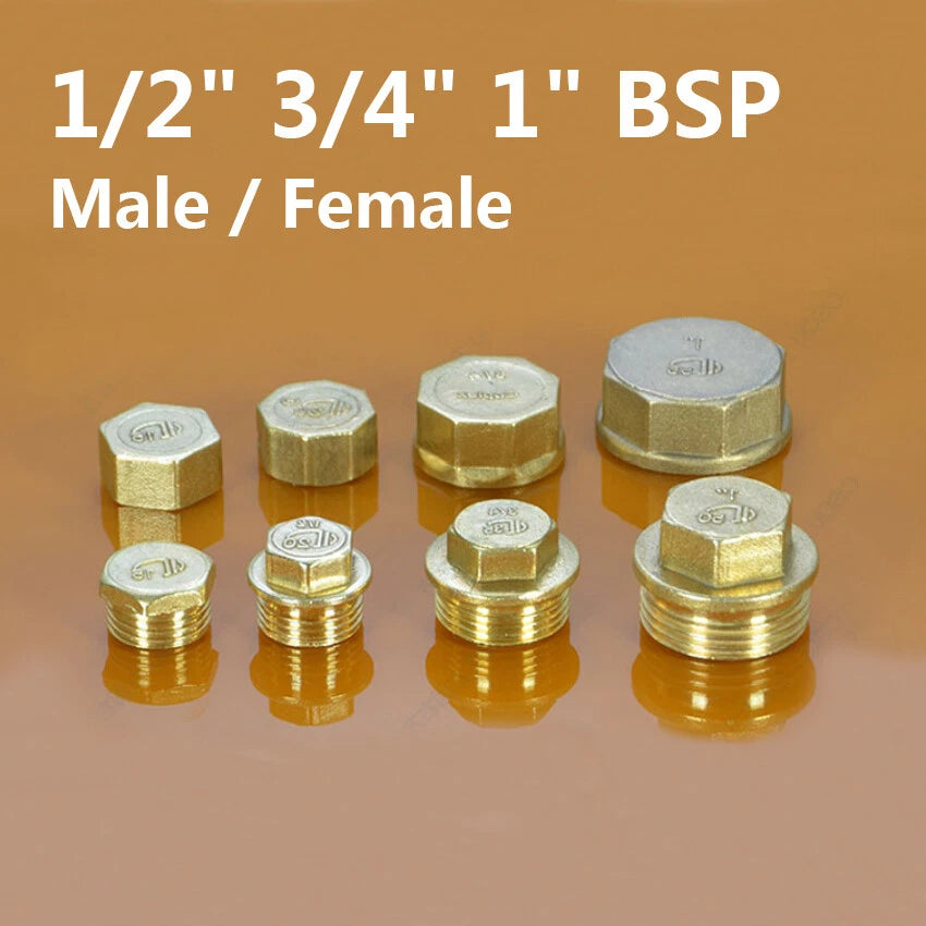 BSP Brass Pipe End Cap & Blanking Plug — 1/2", 3/4", 1" Male Plug & Female Cap