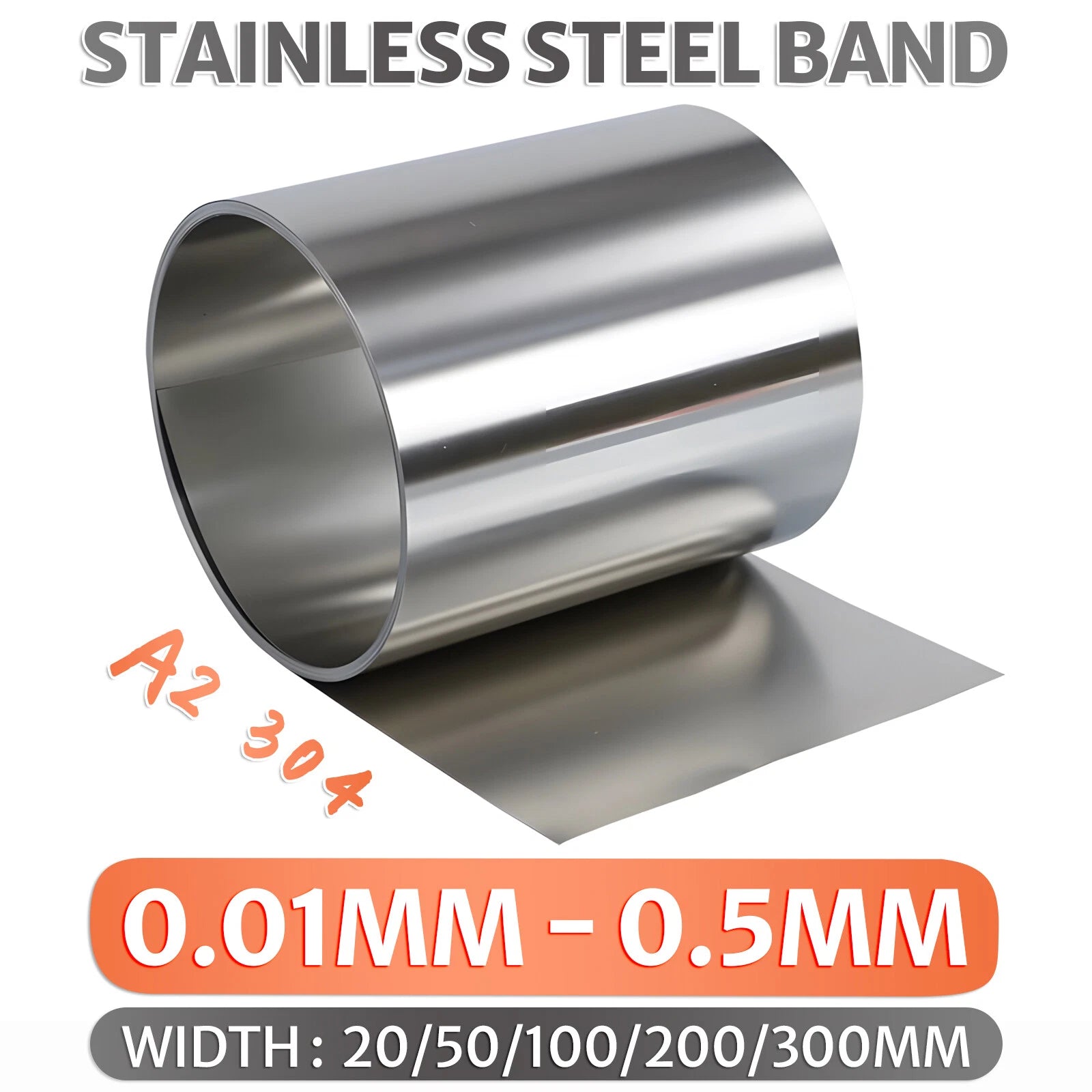 304 A2 Stainless Steel Thin Plate Band Foil Sheet 0.01mm-0.5mm Metal Strip Roll