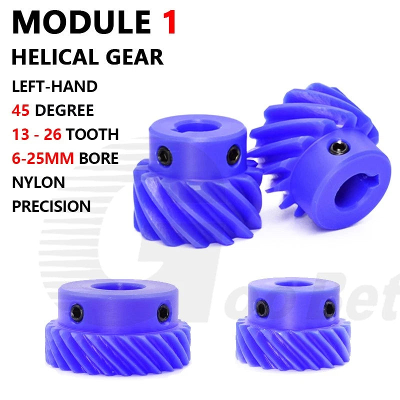 Mod 1 Helical Gear 45° Left-hand 13-26 Tooth Motor Pinion Bore 6-16mm Nylon Blue