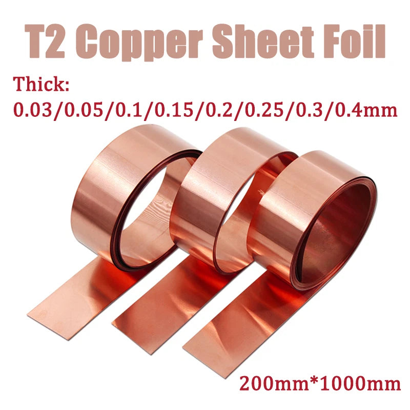 T2 Copper Sheet Foil Strip Roll 200mm*1000mm Thick: 0.03mm-0.4mm Multiple Size