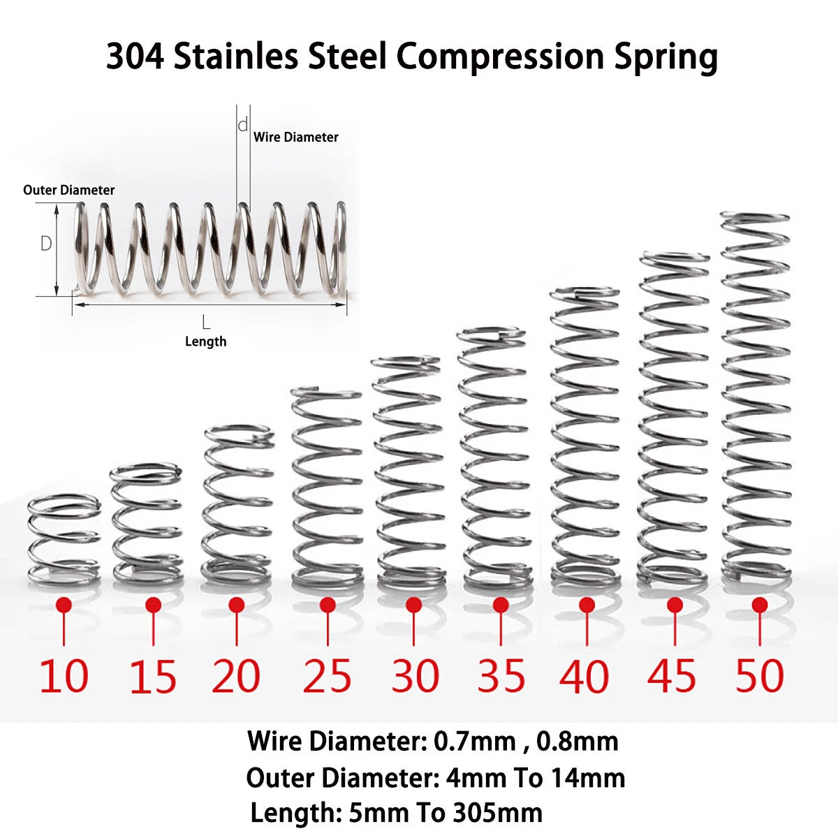 0.7mm,0.8mm Wire Dia 304 Stainles Steel Compression Spring Pressure Small Spring