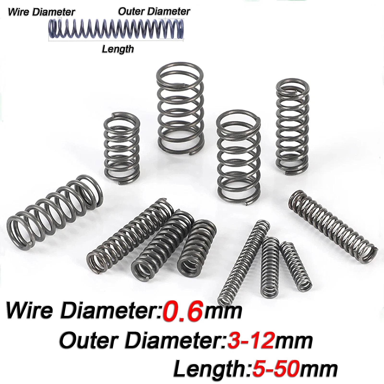 10Pcs Compression Spring Steel 0.6mm Wire Dia 3 - 12mm OD Small Pressure Springs