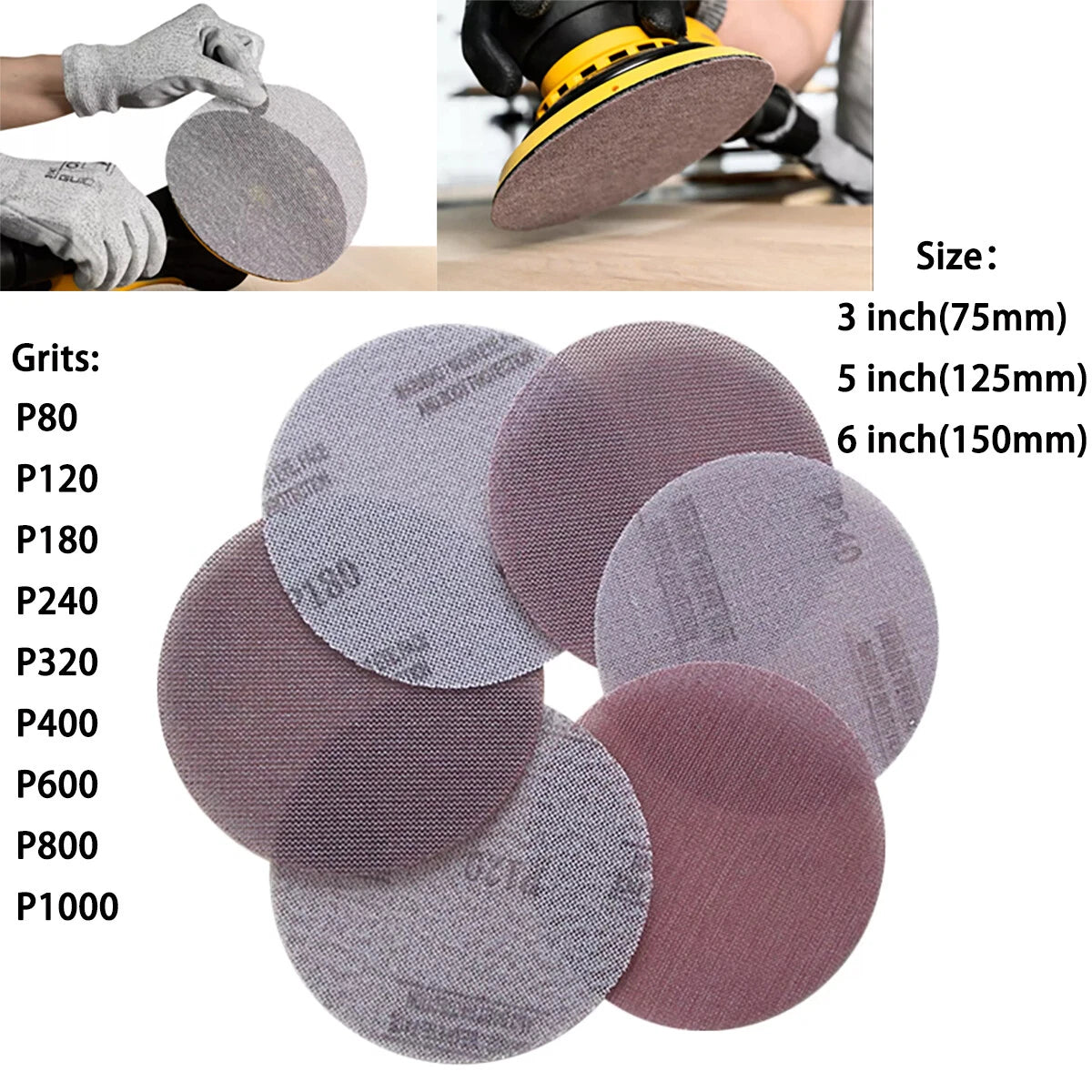 3" 5" 6" Mesh Sanding Discs — P80 to P1000 Grit Hook & Loop Sandpaper for Random Orbital Sanders