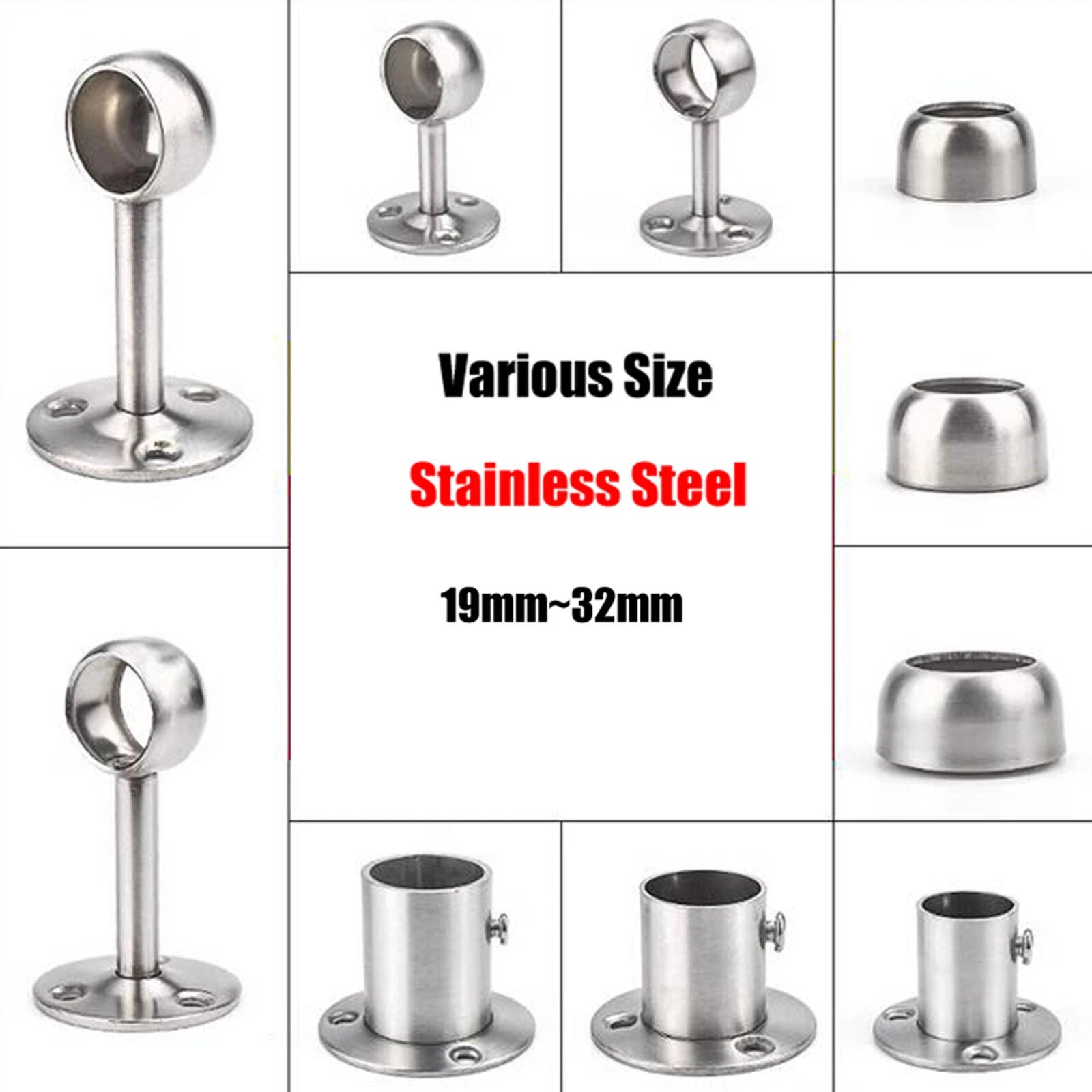 Stainless Steel Wardrobe Rail Brackets & Sockets — End & Centre, Short & High Profile