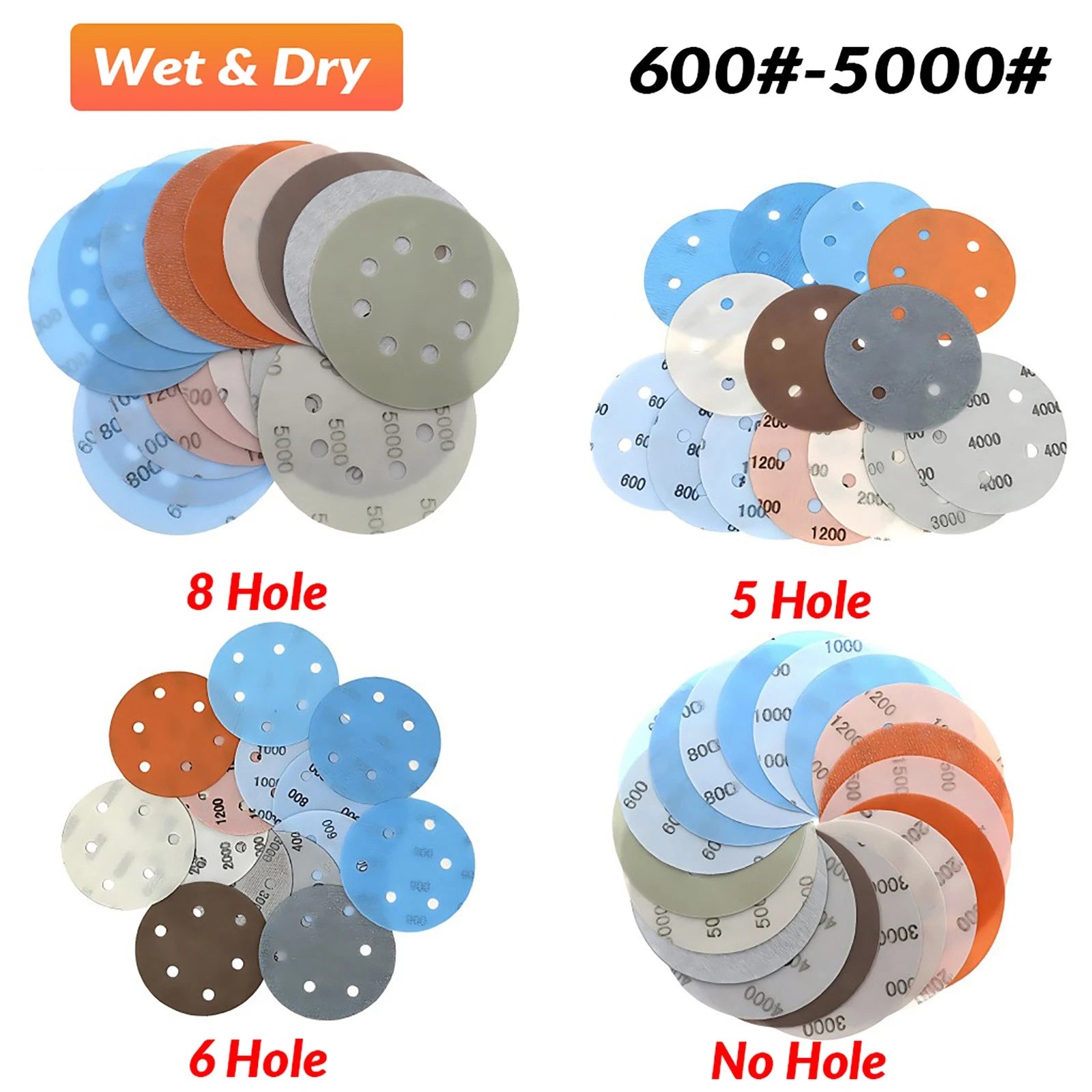 125mm 5/6/8 Hole Wet & Dry Sanding Discs Sandpaper Hook&Loop Pads 600~5000 Grit