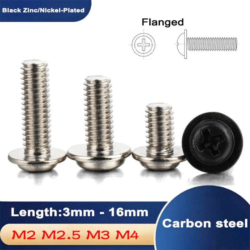 M2–M4 Flanged Button Head Phillips Screws – Black Zinc or Nickel Plated Carbon Steel