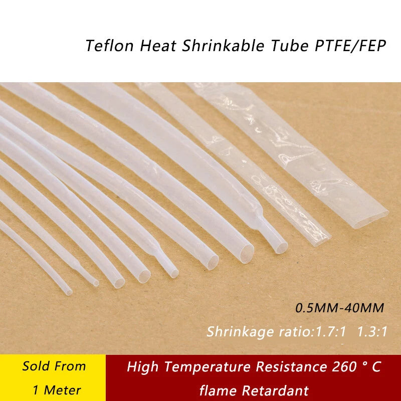 PTFE Heat Shrink Tubing – Transparent Electrical Sleeving, 0.5mm to 40mm, 1.7:1 & 4:1 Shrink Ratio