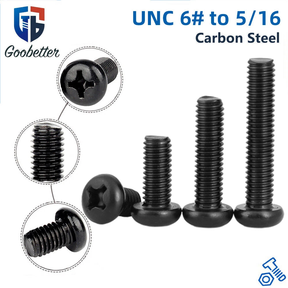 Black Pozi Phillips Pan Head Machine Screws UNC UNF — #2-56 #4-40 #6-32 #8-32 #10 1/4 5/16