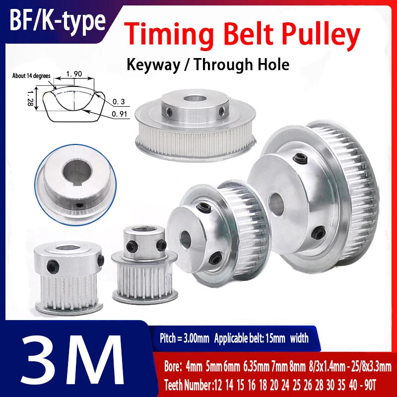 HTD 3M Timing Belt Pulley 12T-90T for 15mm Belt Reprap 3D Printer CNC Pitch 3mm
