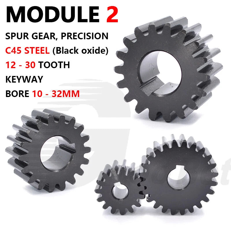 Spur Gear C45 Steel Black Oxided Module 2 Pinion 12-30 Tooth Keyway 10-32mm Flat