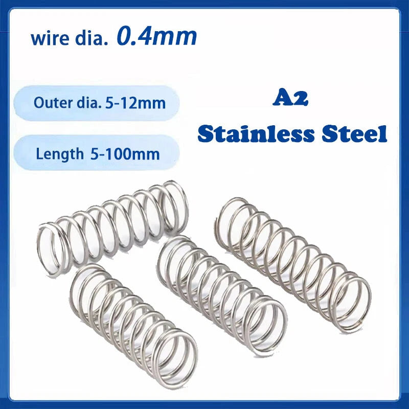 Compression Spring 0.4mm Wire Dia 5-12mm Dia 5-100mm Length A2 Stainless Steel