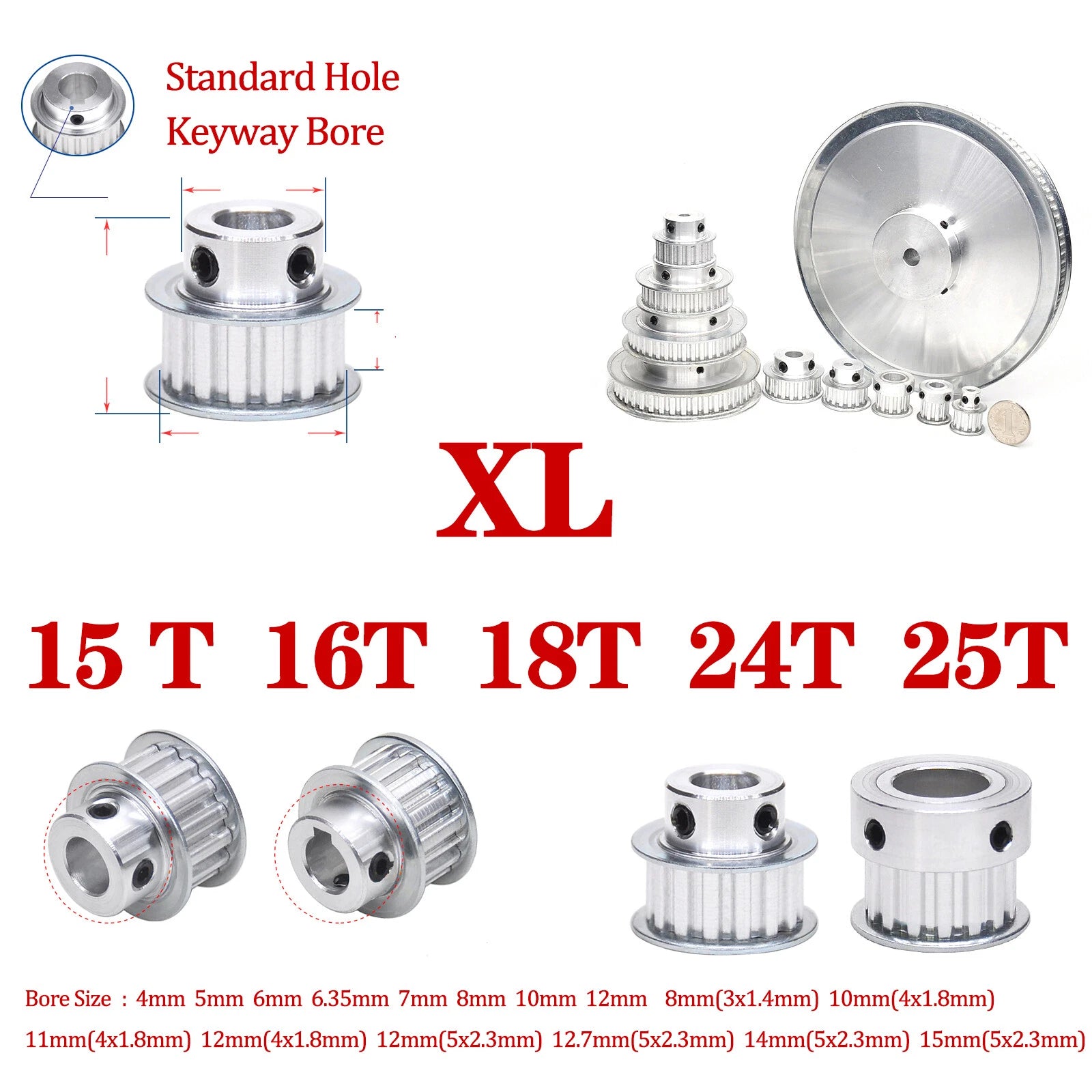 XL Timing Belt Pulley Keyway Bore,BF/K 15T 16T 18T 24T 25T For CNC, 3D Printer