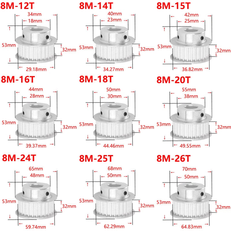 8M 12-26T Timing Pulley 30mm Belt Synchronous Wheel Gear 3D Printer Bore 8-30mm