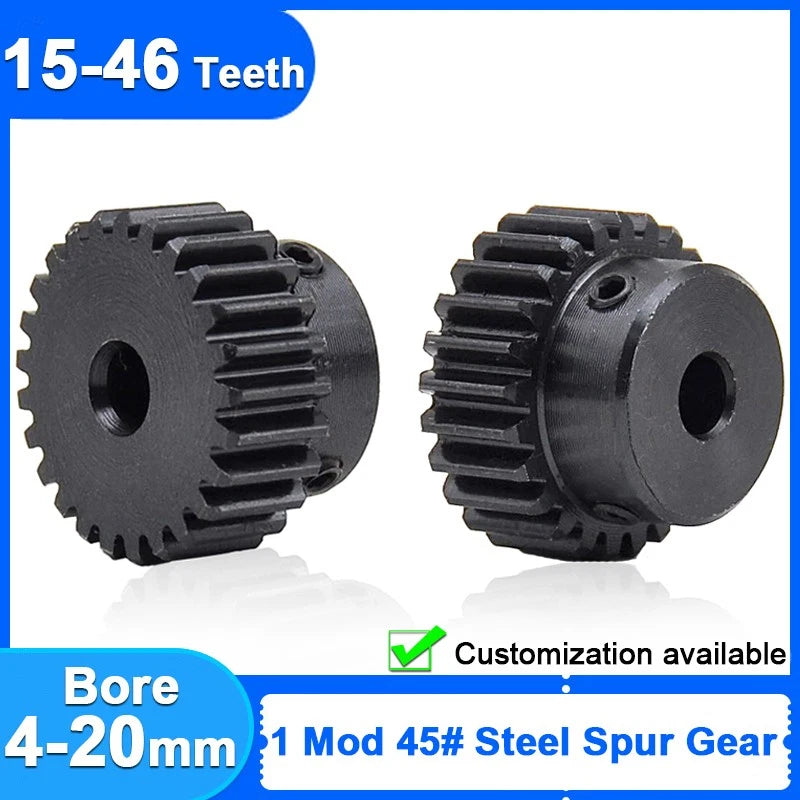 1 Module 45# Steel Spur Gear 15T-46T 1M Metal Pinion Gear 4-20mm Bore For Motor