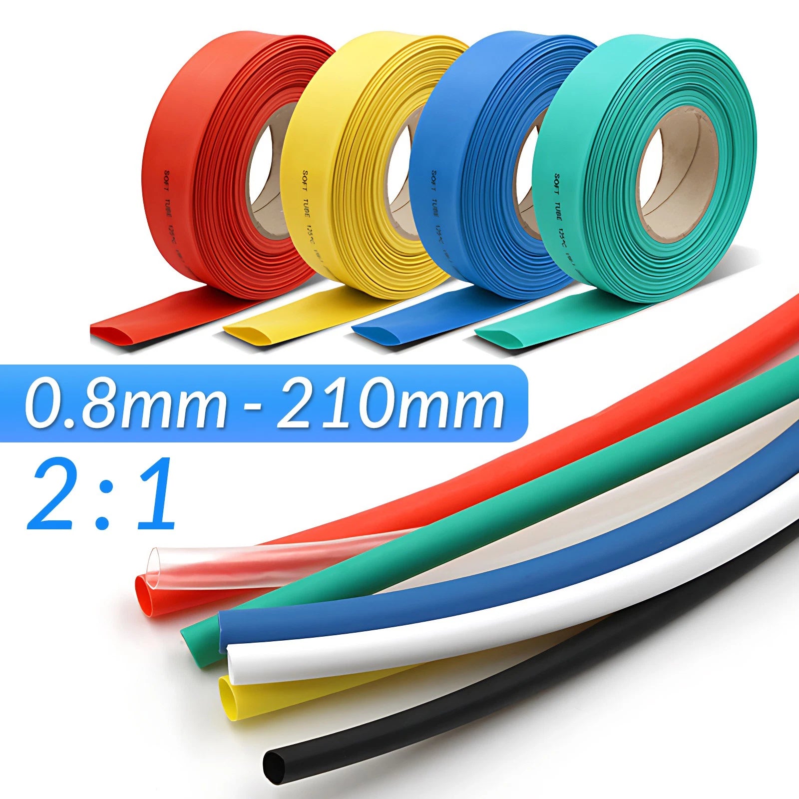 Heat Shrink Tubing 2:1 Ratio — Φ0.6mm to Φ210mm, 7 Colors, 1M per Piece