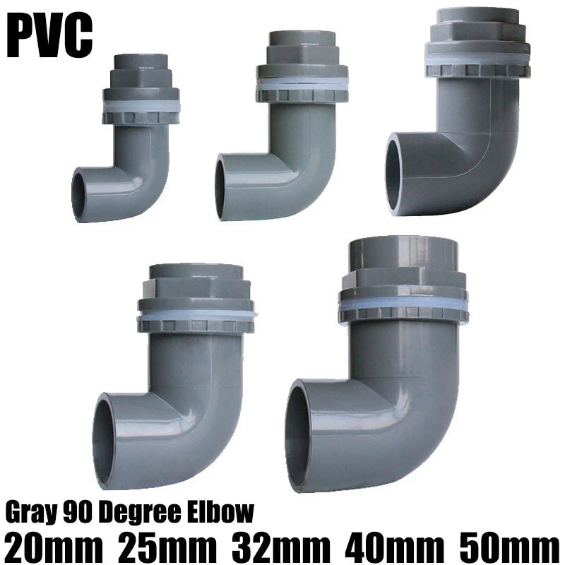 PVC Elbow 90° Pipe Fittings 20~50mm Tank Connector Bulkhead For Aquarium Grey