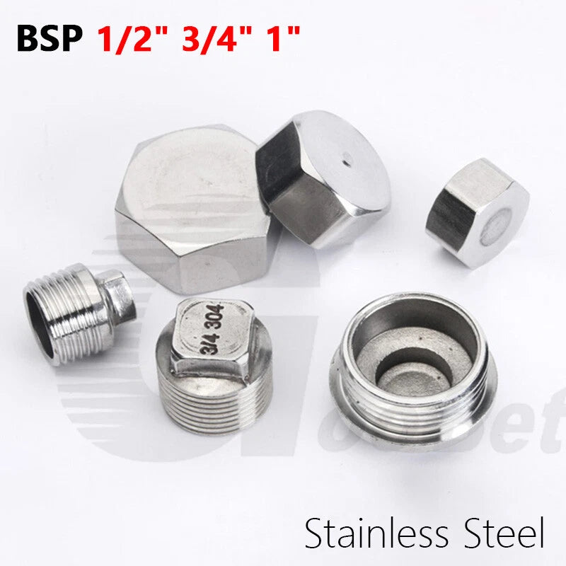 Stainless Steel 304 BSP Pipe Plug & End Cap — Male Plug / Female Cap, 1/2" to 1"