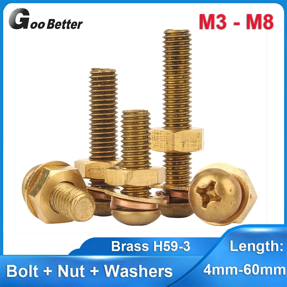 Brass Pan Head Phillips Machine Screws with Nuts & Washers M3 M4 M5 M6 M8 — 4mm to 60mm, Packs of 1–50