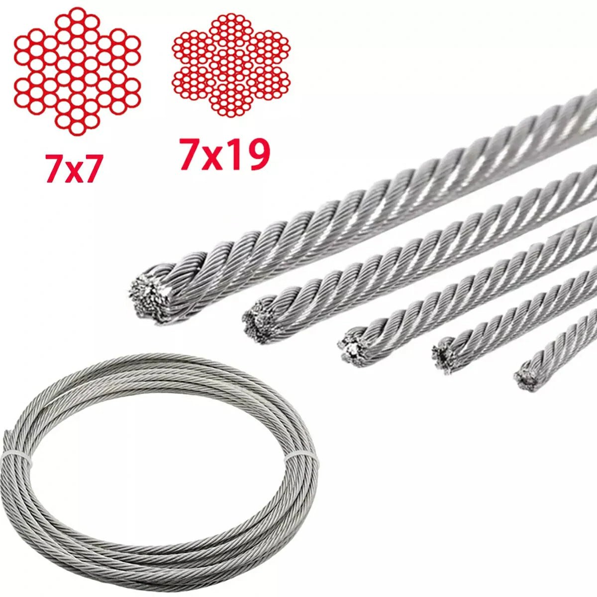 304 Stainless Steel Wire Rope Cable 7x7 7x19，Diameter 1mm To 20mm Length Select - HomeDIYer