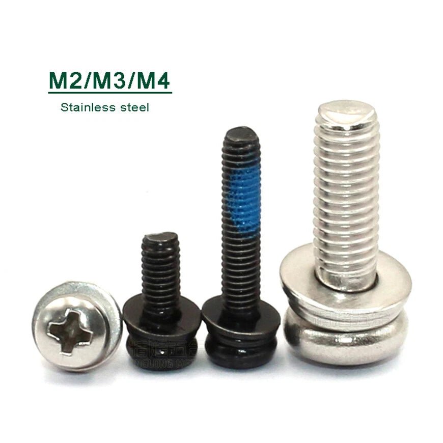 Stainless Steel Phillips Pan Head Screws with Flat and Spring Washers M1.6 to M5 - HomeDIYer