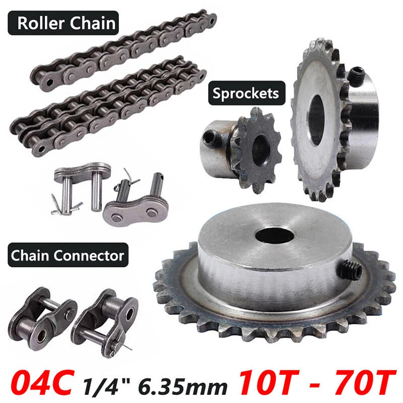 10T - 70T Roller Chain Sprockets 04C 1/4" Pitch 6.35mm Chain Links 45# Steel