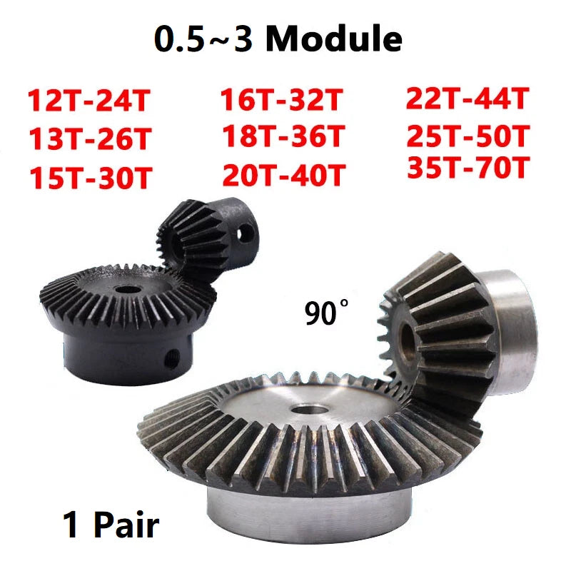 Precision Bevel Gears 0.5/1/1.5/2/2.5/3 Module 12/24 -35/70 Teeth Bevel Gear 1:2