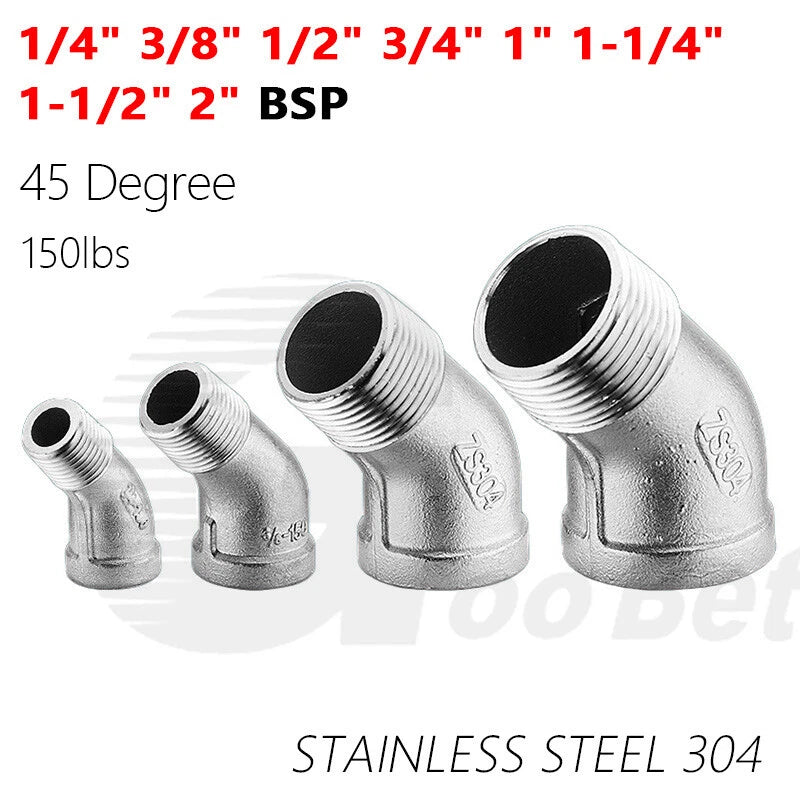 Stainless Steel 45° Elbow Pipe Fitting | 1/4"-2" BSP Male Female Thread | 304 SS Equal Elbow
