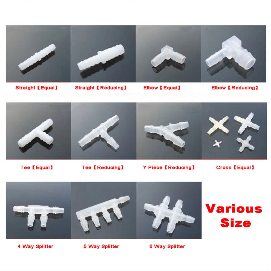 Barbed Hose Connector — Straight, Elbow, Tee, Cross & Multi-Way Splitter (2.4–32mm)