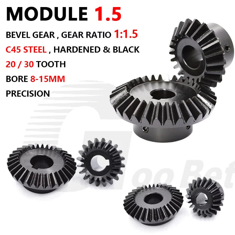 Mod 1.5 Bevel Gear C45 Steel Gear Ratio 1:1.5 20 Tooth 30 Tooth Hardened Black