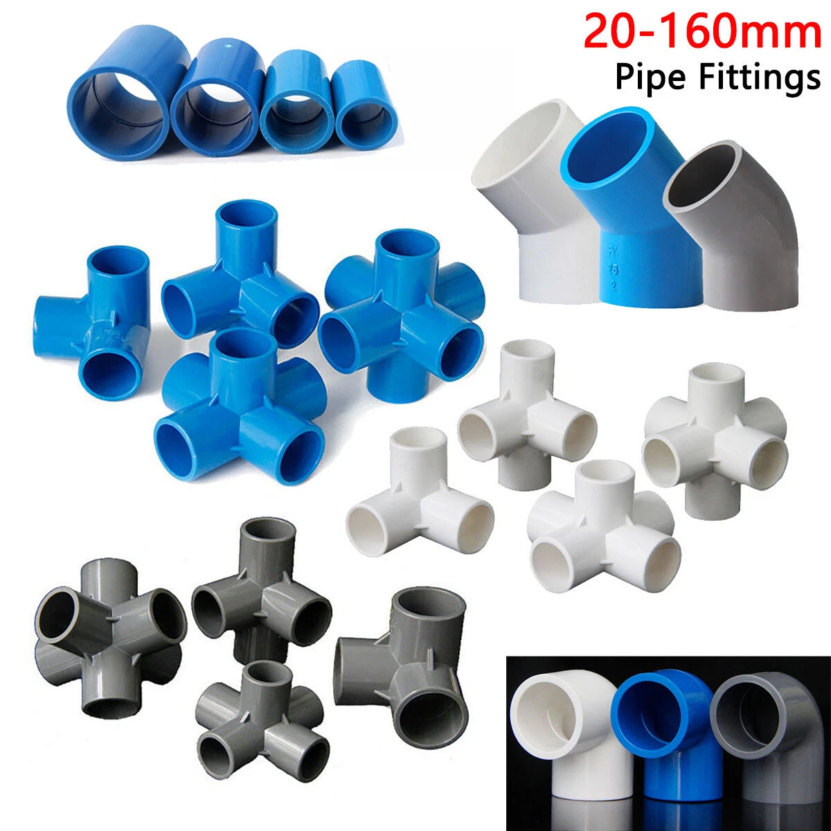 PVC 3 4 5 6-Way Elbow Connector Direct Pipe Fittings 20mm-160mm White Blue Grey