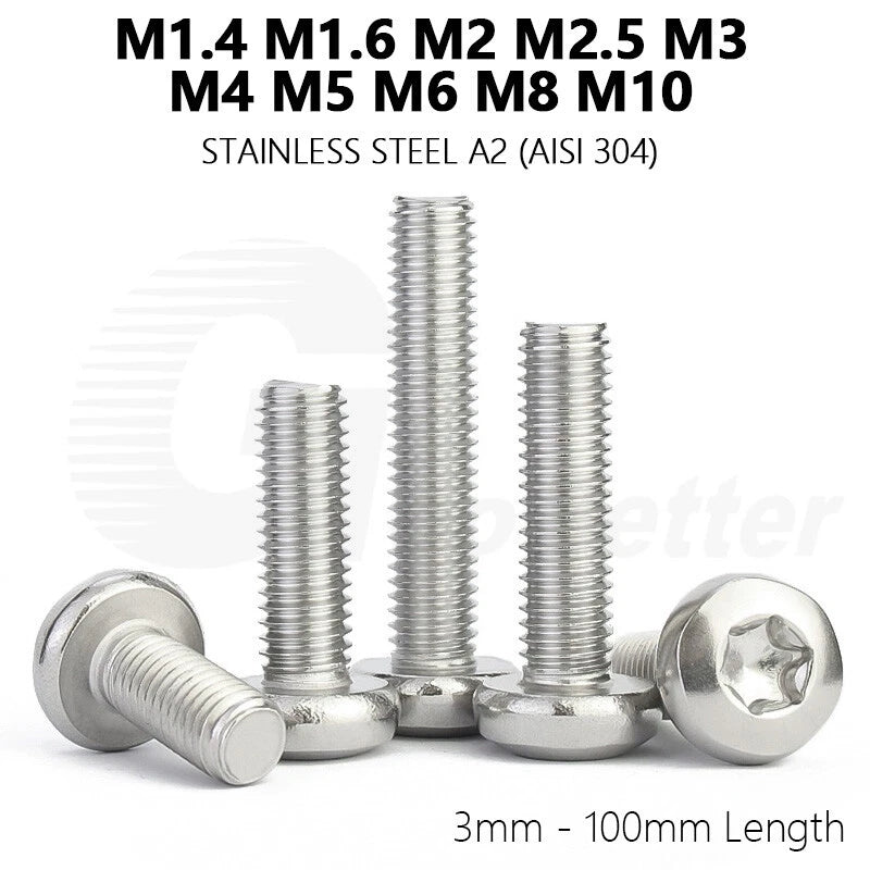 T3–T50 Torx Pan Head Machine Screws – M1.4 to M10, A2 Stainless Steel (3–100mm)