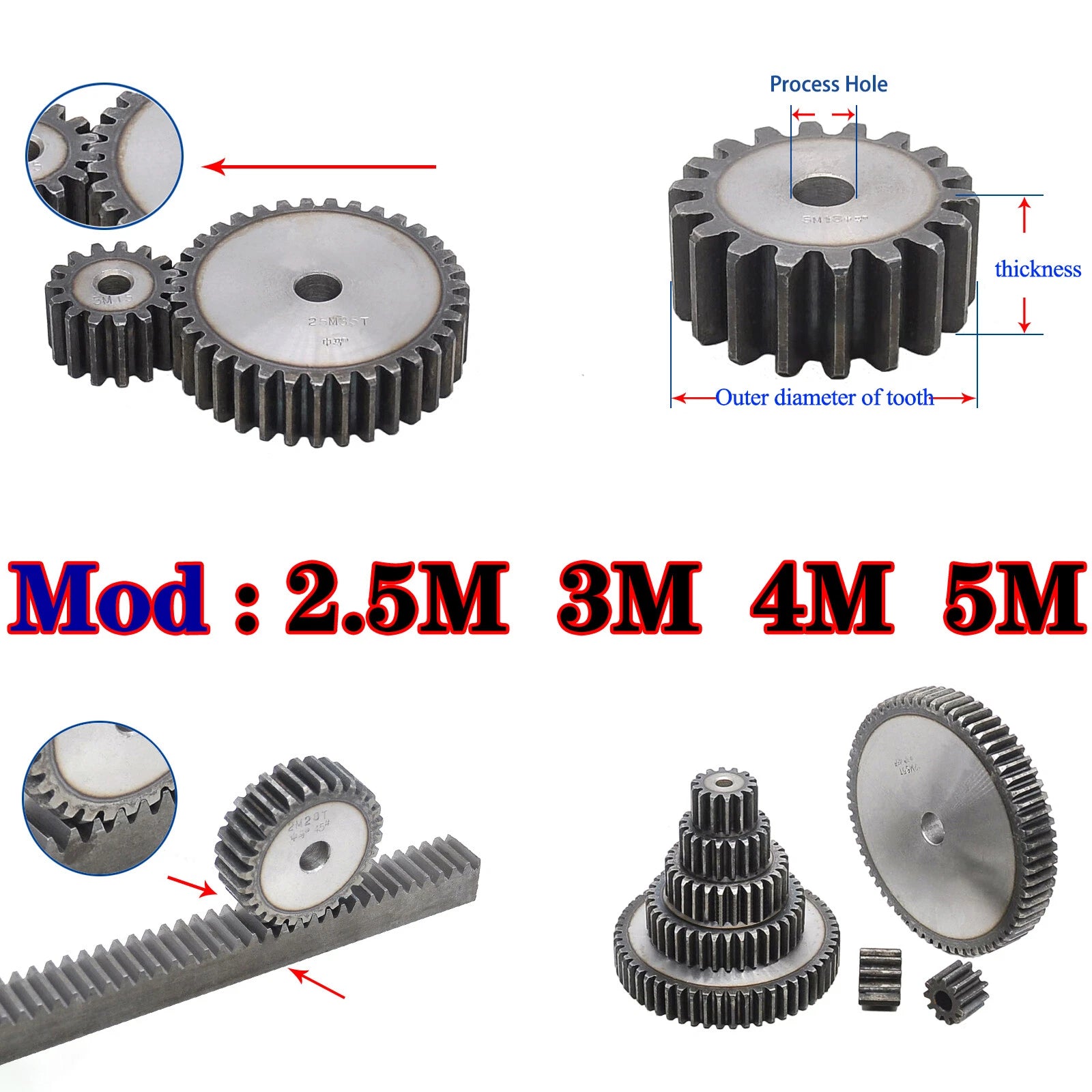 Module 2.5M, 3M, 4M 5M Spur Gear Wheels Spur Wheel With 10 To120 Teeth Flat Gear